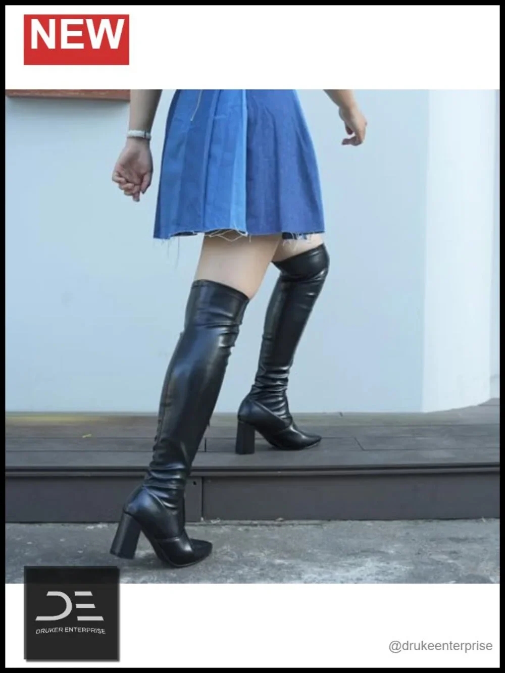 Women's Stretch Vegan PU Thigh High Boots, Pointy Toe Block Heel OTK